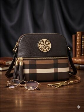 Brown Plaid Crossbody Bag with Gold Medallion